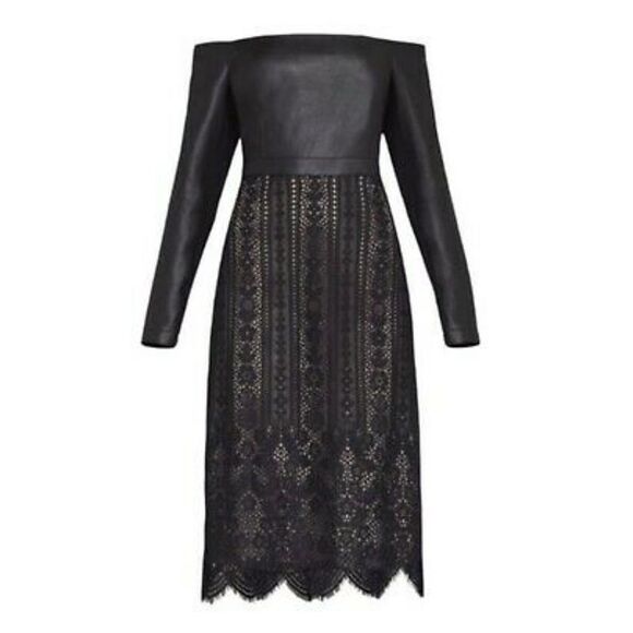 BCBGMAXAZRIA black vegan leather off shoulder edgy lace cocktail dress small 4 - Picture 1 of 12